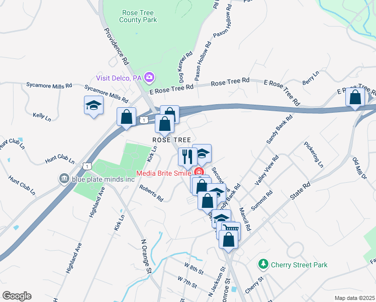 map of restaurants, bars, coffee shops, grocery stores, and more near 1120 First Avenue in Media