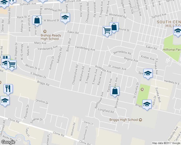 map of restaurants, bars, coffee shops, grocery stores, and more near 1057 South Harris Avenue in Columbus