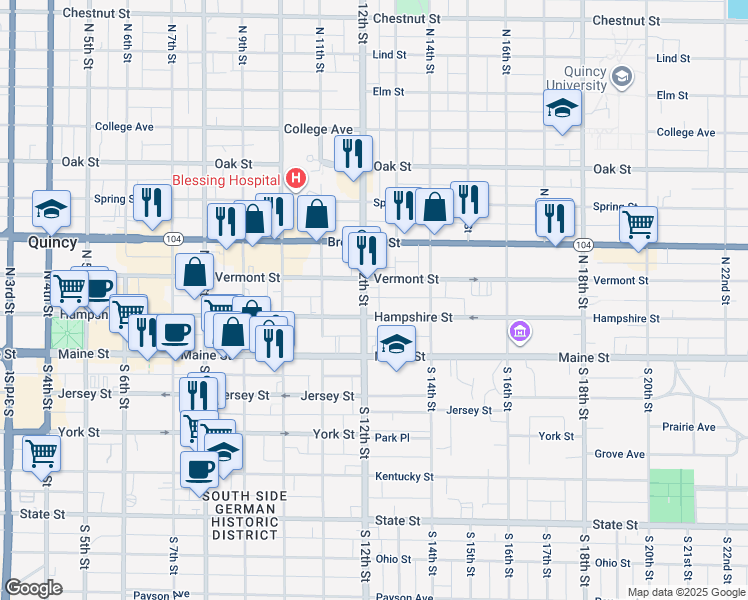 map of restaurants, bars, coffee shops, grocery stores, and more near 124 North 12th Street in Quincy