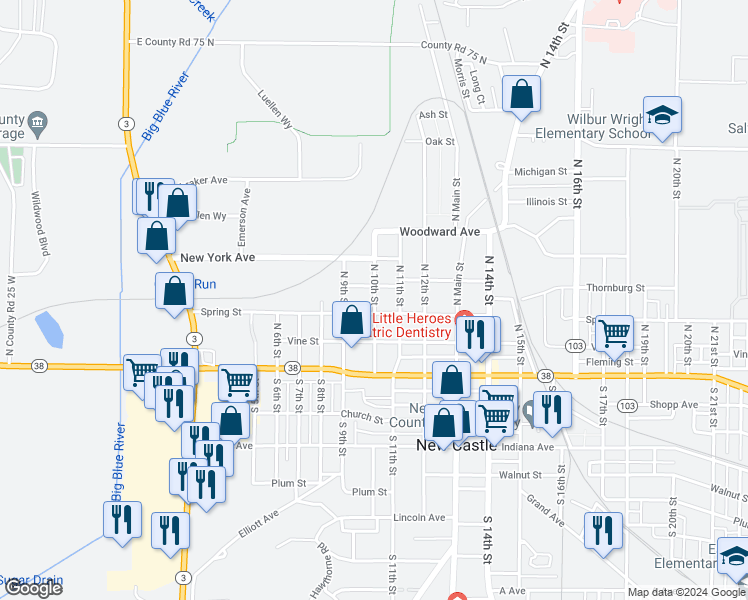 map of restaurants, bars, coffee shops, grocery stores, and more near North 10th Street in New Castle
