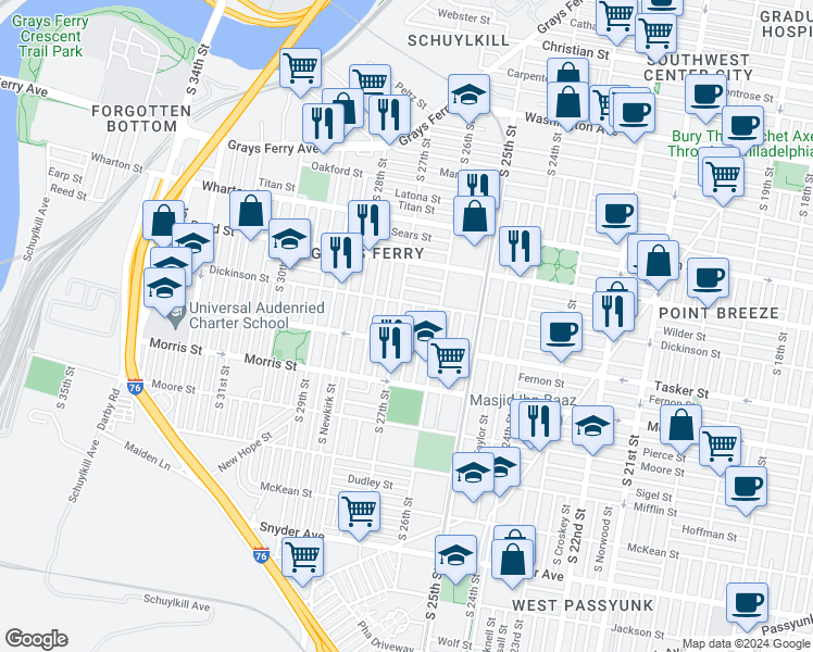 map of restaurants, bars, coffee shops, grocery stores, and more near 1530 South Taney Street in Philadelphia