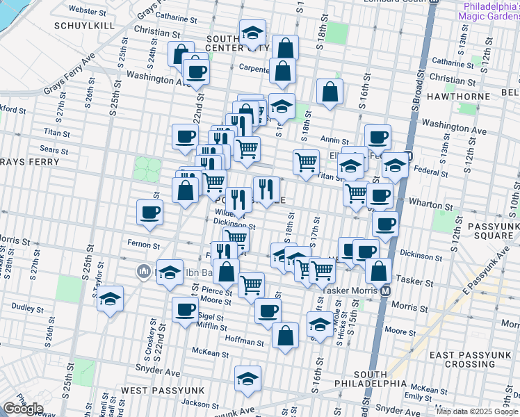 map of restaurants, bars, coffee shops, grocery stores, and more near 1911 Gerritt Street in Philadelphia