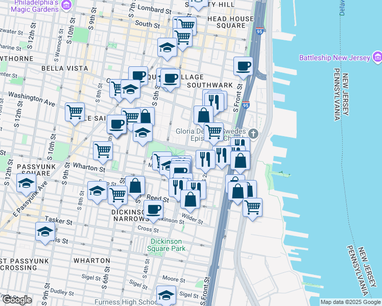 map of restaurants, bars, coffee shops, grocery stores, and more near 228 Washington Avenue in Philadelphia