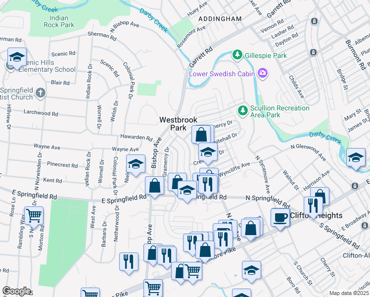 map of restaurants, bars, coffee shops, grocery stores, and more near 308 Westpark Lane in Clifton Heights