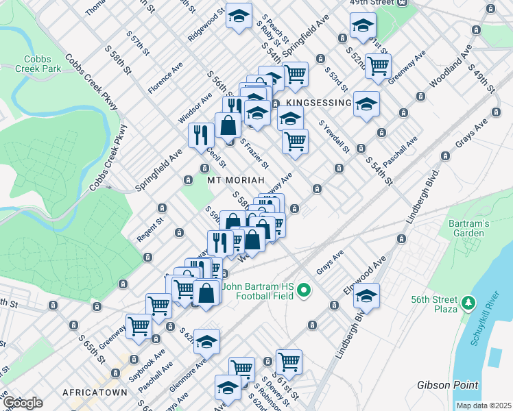 map of restaurants, bars, coffee shops, grocery stores, and more near 2100 South Cecil Street in Philadelphia