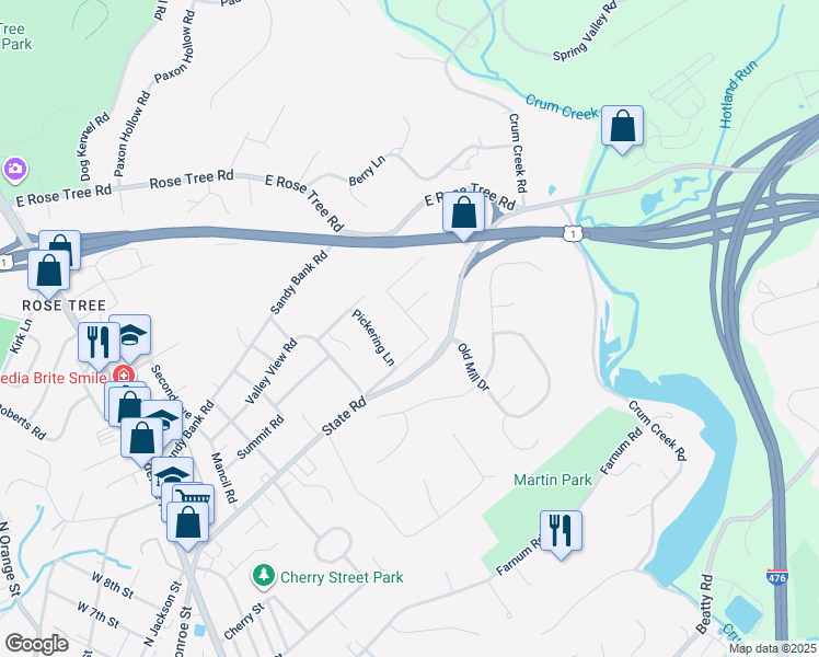 map of restaurants, bars, coffee shops, grocery stores, and more near 10 Collins Street in Media
