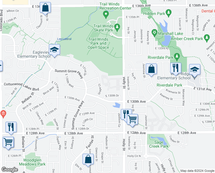 map of restaurants, bars, coffee shops, grocery stores, and more near 13239 Holly Street in Thornton