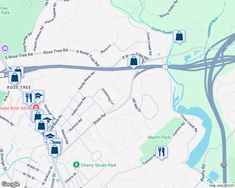 map of restaurants, bars, coffee shops, grocery stores, and more near 10 Collins Street in Media