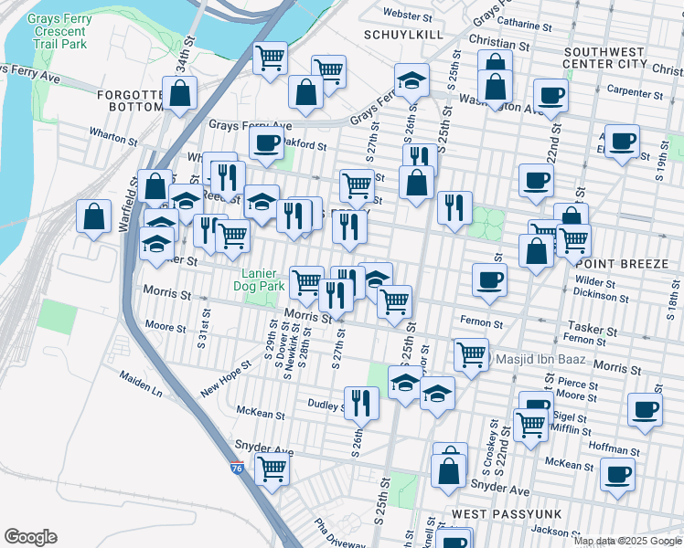 map of restaurants, bars, coffee shops, grocery stores, and more near 1535 South Etting Street in Philadelphia