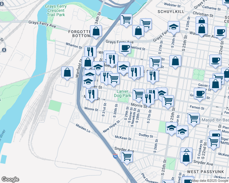 map of restaurants, bars, coffee shops, grocery stores, and more near 1603 South Corlies Street in Philadelphia