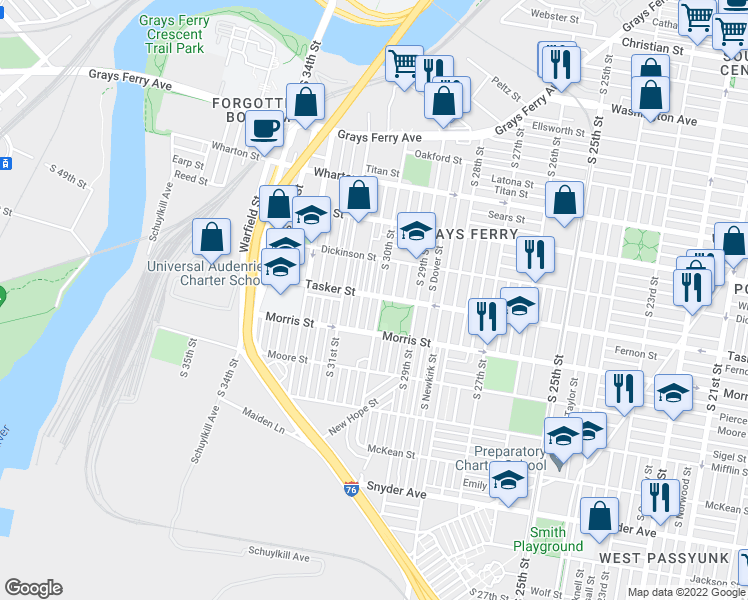 map of restaurants, bars, coffee shops, grocery stores, and more near 1600 South 30th Street in Philadelphia