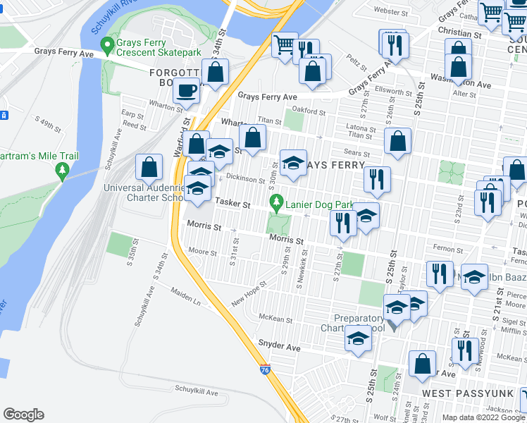 map of restaurants, bars, coffee shops, grocery stores, and more near 1600 South 30th Street in Philadelphia