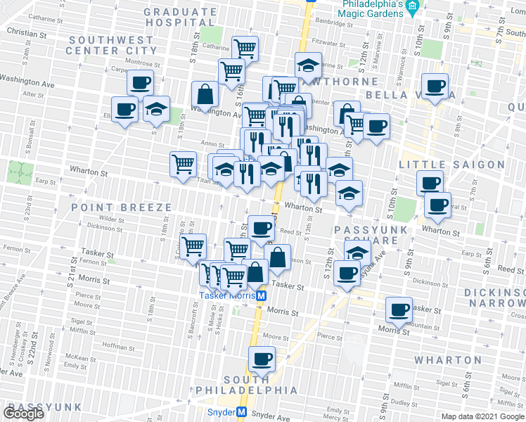 map of restaurants, bars, coffee shops, grocery stores, and more near 1311-15 South Carlisle Street in Philadelphia