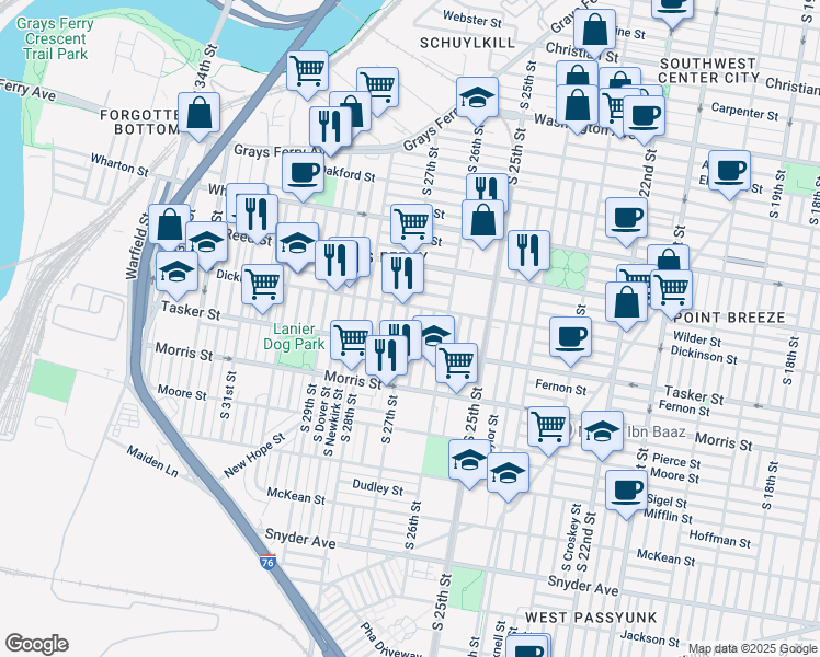 map of restaurants, bars, coffee shops, grocery stores, and more near 1529 South 27th Street in Philadelphia