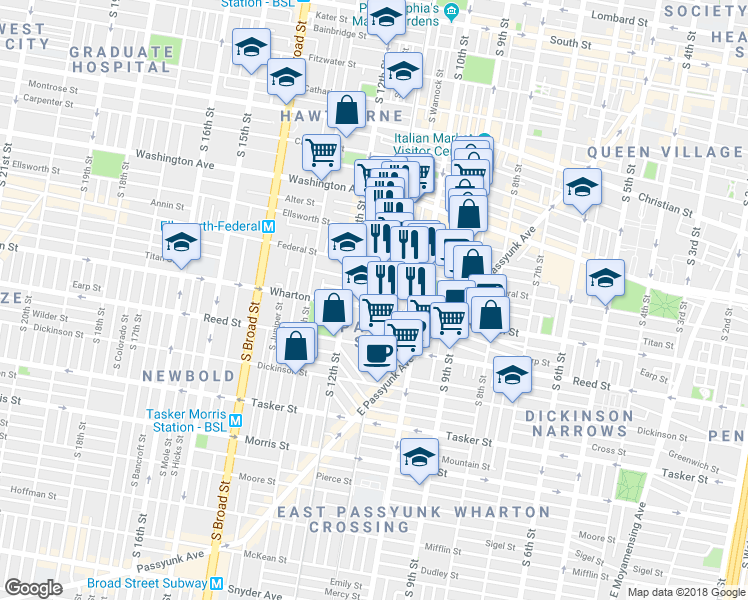 map of restaurants, bars, coffee shops, grocery stores, and more near 1106 Titan Street in Philadelphia