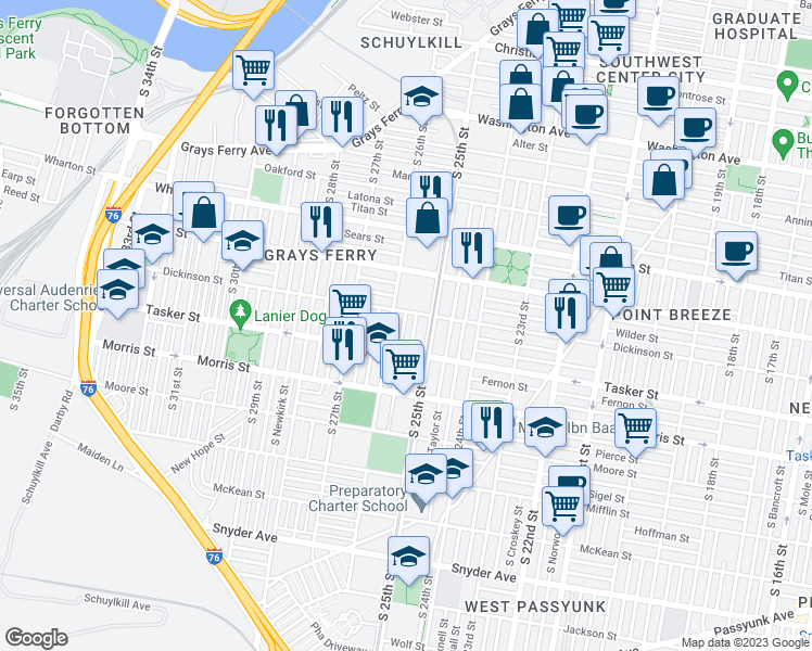 map of restaurants, bars, coffee shops, grocery stores, and more near 1515 South Bambrey Street in Philadelphia