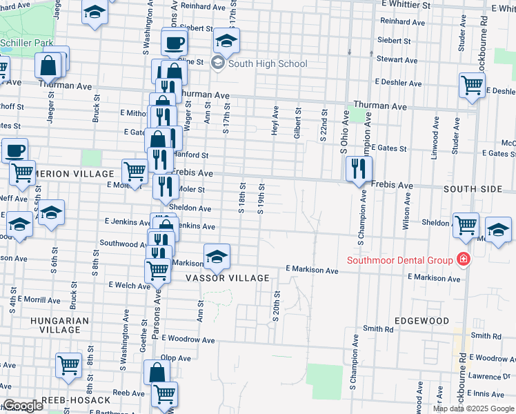map of restaurants, bars, coffee shops, grocery stores, and more near 652 East Moler Street in Columbus