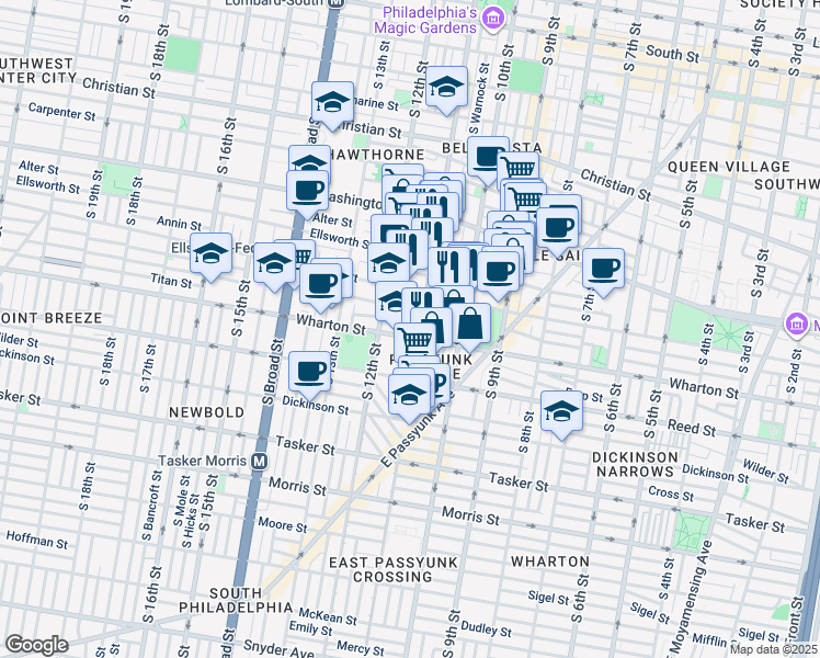 map of restaurants, bars, coffee shops, grocery stores, and more near 1106 Titan Street in Philadelphia