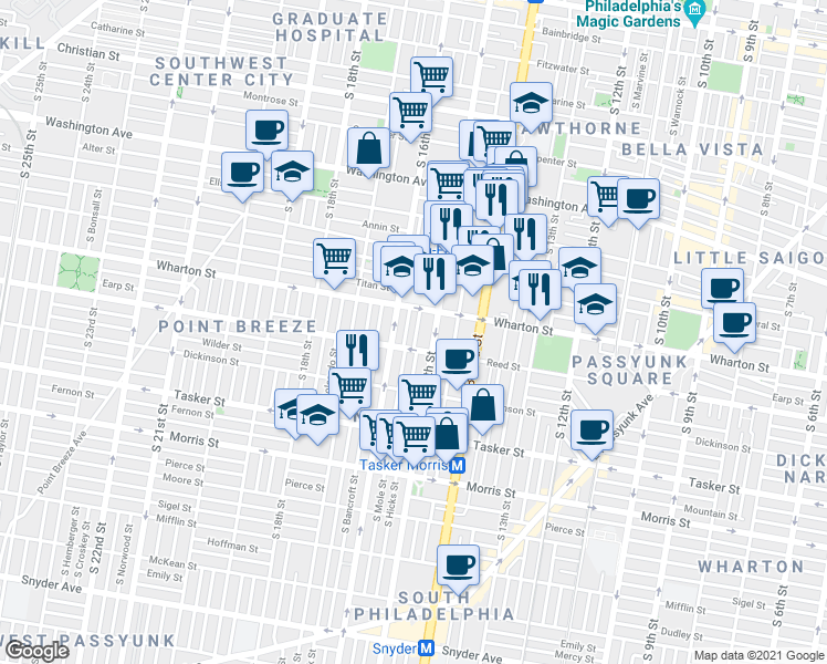 map of restaurants, bars, coffee shops, grocery stores, and more near 1324 South Hicks Street in Philadelphia