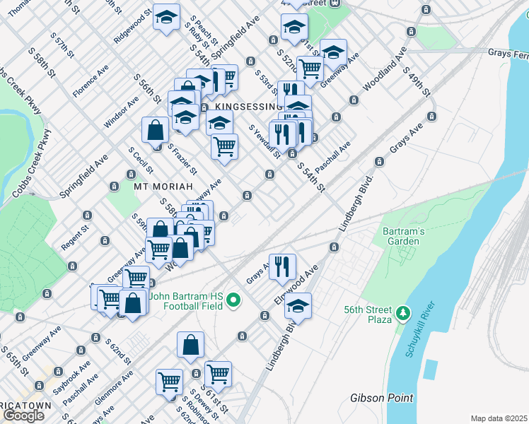 map of restaurants, bars, coffee shops, grocery stores, and more near 2045 South 56th Street in Philadelphia