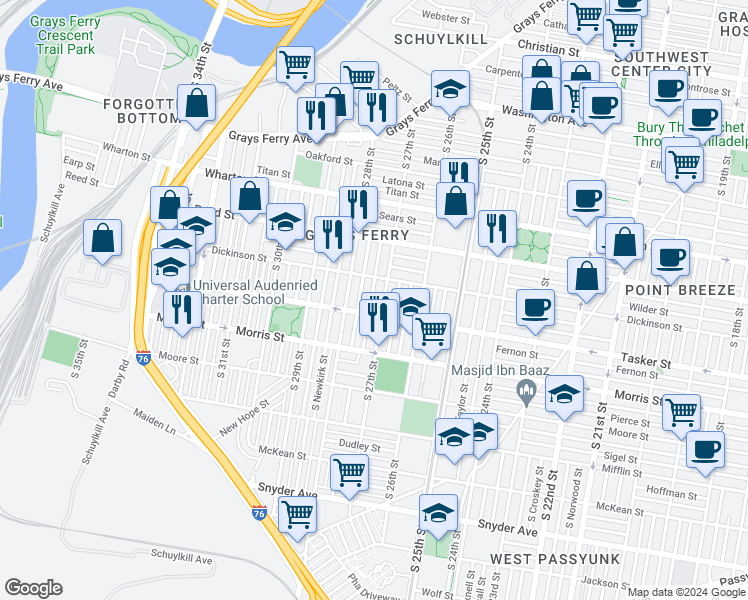 map of restaurants, bars, coffee shops, grocery stores, and more near 1533 South Etting Street in Philadelphia