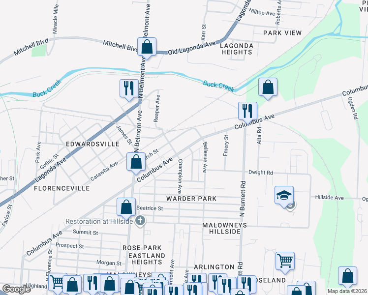 map of restaurants, bars, coffee shops, grocery stores, and more near 2219 Larch Street in Springfield
