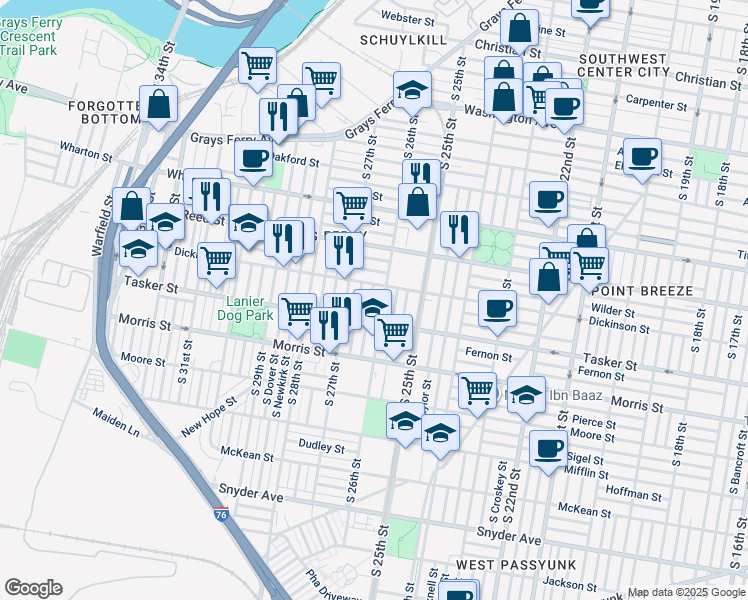 map of restaurants, bars, coffee shops, grocery stores, and more near 1523 South Bailey Street in Philadelphia