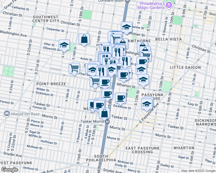 map of restaurants, bars, coffee shops, grocery stores, and more near 1311-15 South Carlisle Street in Philadelphia