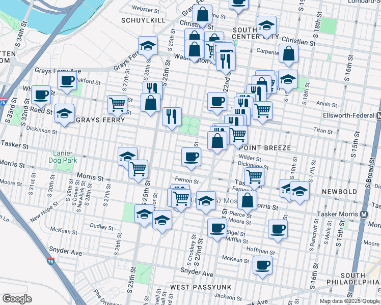map of restaurants, bars, coffee shops, grocery stores, and more near 2311 Gerritt Street in Philadelphia