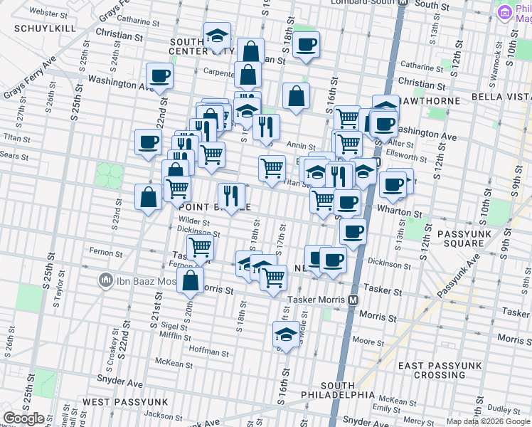 map of restaurants, bars, coffee shops, grocery stores, and more near 1317 South 18th Street in Philadelphia