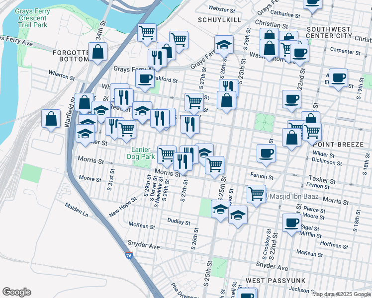 map of restaurants, bars, coffee shops, grocery stores, and more near 1533 South Etting Street in Philadelphia