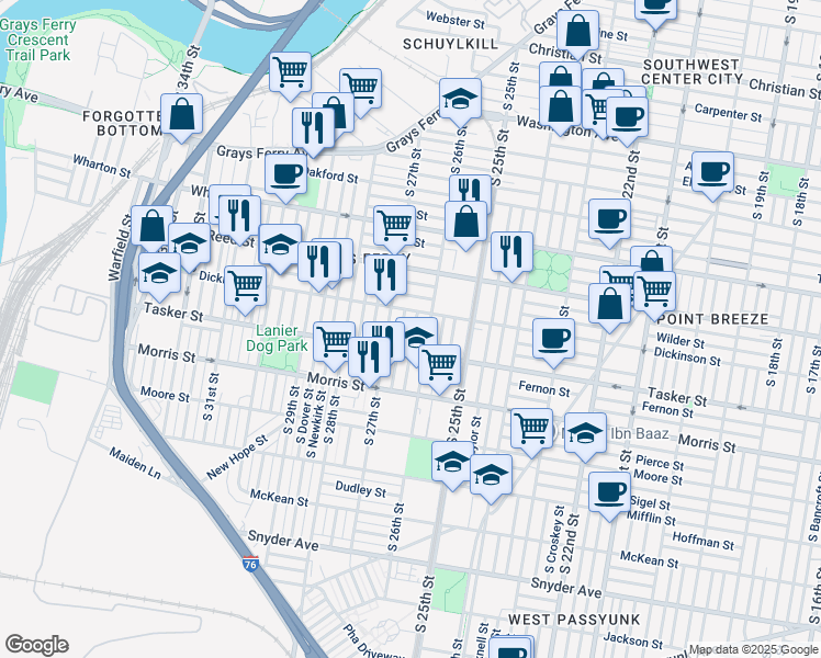 map of restaurants, bars, coffee shops, grocery stores, and more near 1524 South Bailey Street in Philadelphia