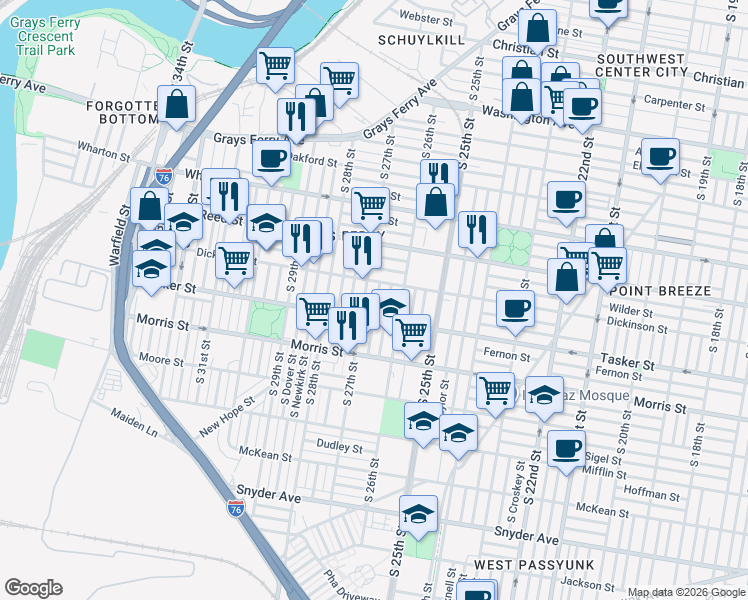map of restaurants, bars, coffee shops, grocery stores, and more near 2641 Dickinson Street in Philadelphia