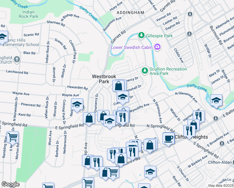 map of restaurants, bars, coffee shops, grocery stores, and more near 296 North Oak Avenue in Clifton Heights