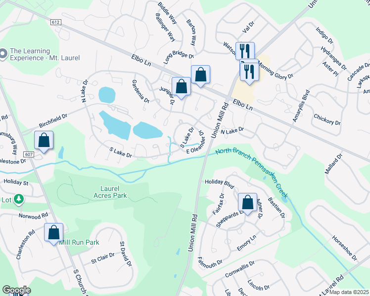 map of restaurants, bars, coffee shops, grocery stores, and more near 40 East Oleander Drive in Mount Laurel Township
