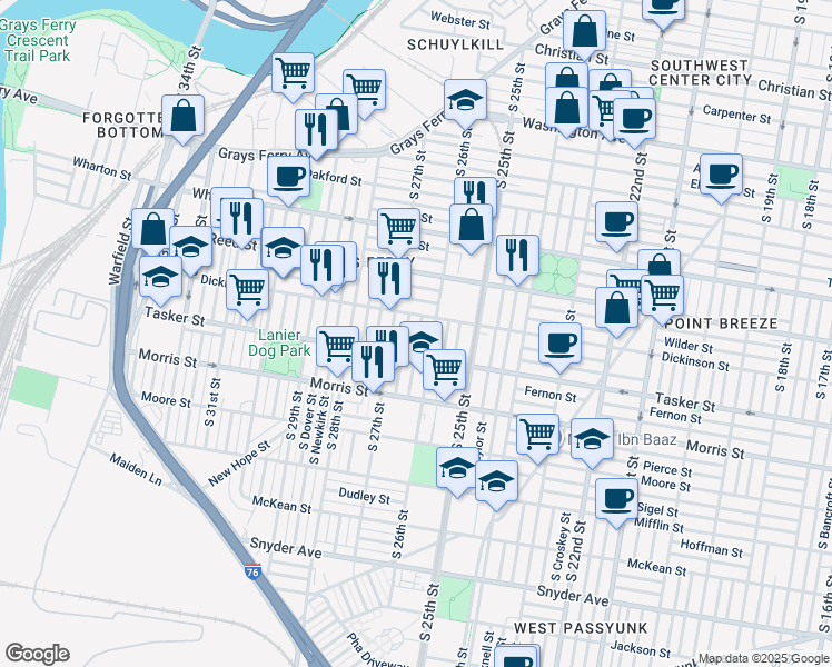 map of restaurants, bars, coffee shops, grocery stores, and more near 1524 South Bailey Street in Philadelphia
