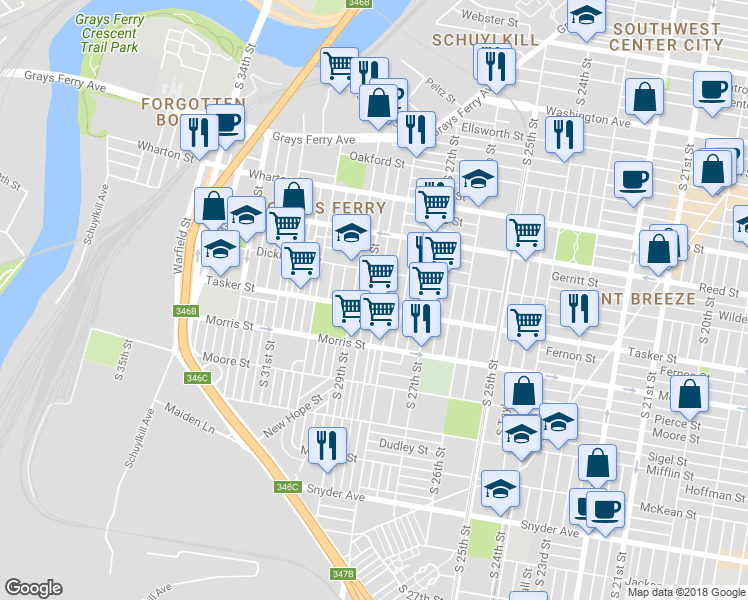 map of restaurants, bars, coffee shops, grocery stores, and more near 1544 South Newkirk Street in Philadelphia