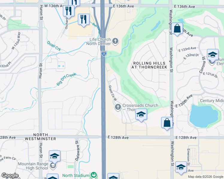 map of restaurants, bars, coffee shops, grocery stores, and more near 13092 Grant Circle East in Thornton