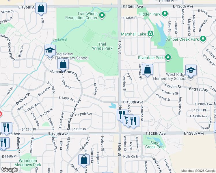 map of restaurants, bars, coffee shops, grocery stores, and more near 13275 Holly Street in Denver