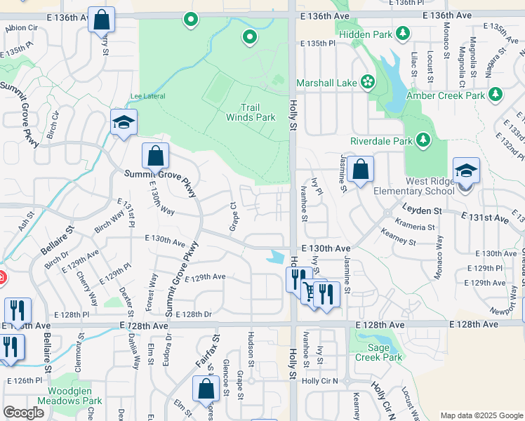 map of restaurants, bars, coffee shops, grocery stores, and more near 13275 Holly Street in Denver