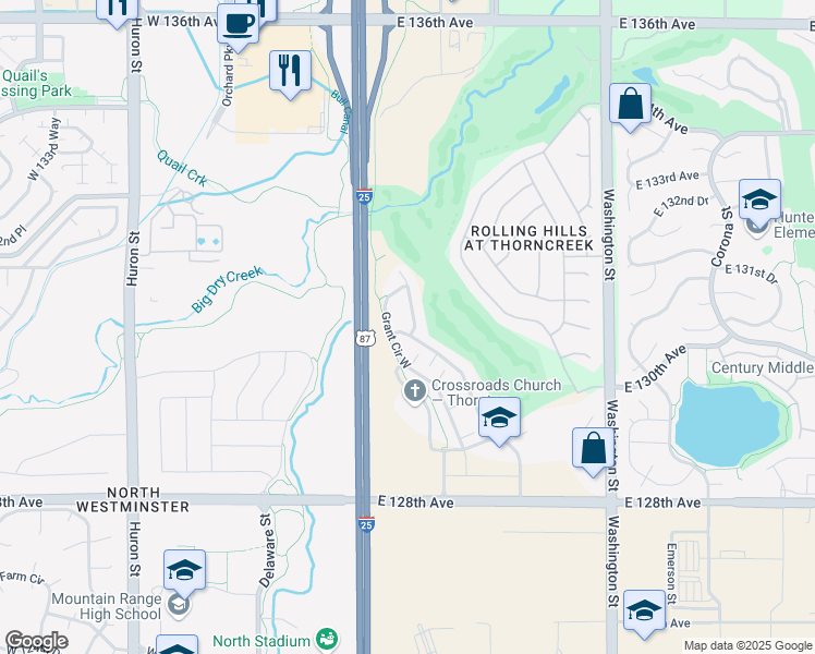 map of restaurants, bars, coffee shops, grocery stores, and more near 13180 Grant Circle West in Thornton