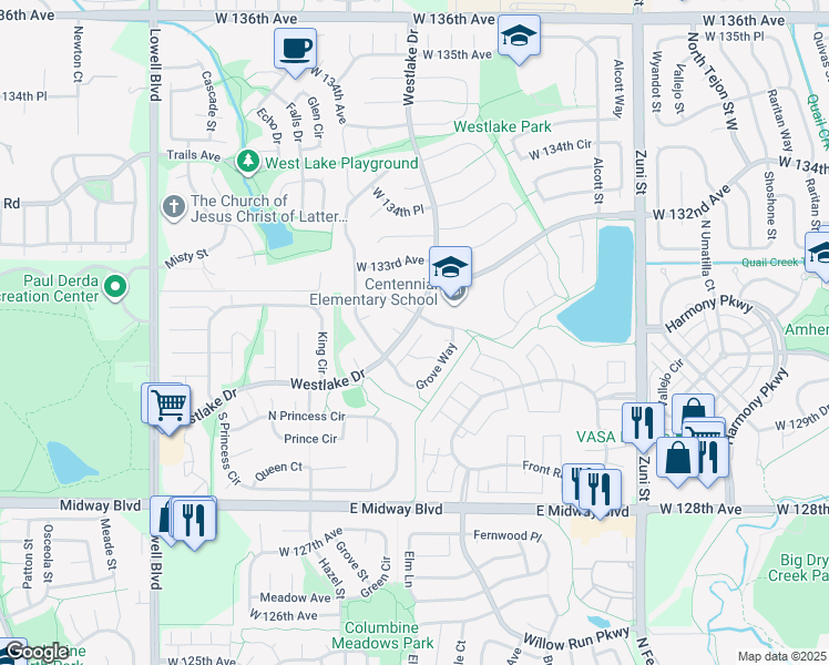 map of restaurants, bars, coffee shops, grocery stores, and more near 3117 West 132nd Court in Broomfield