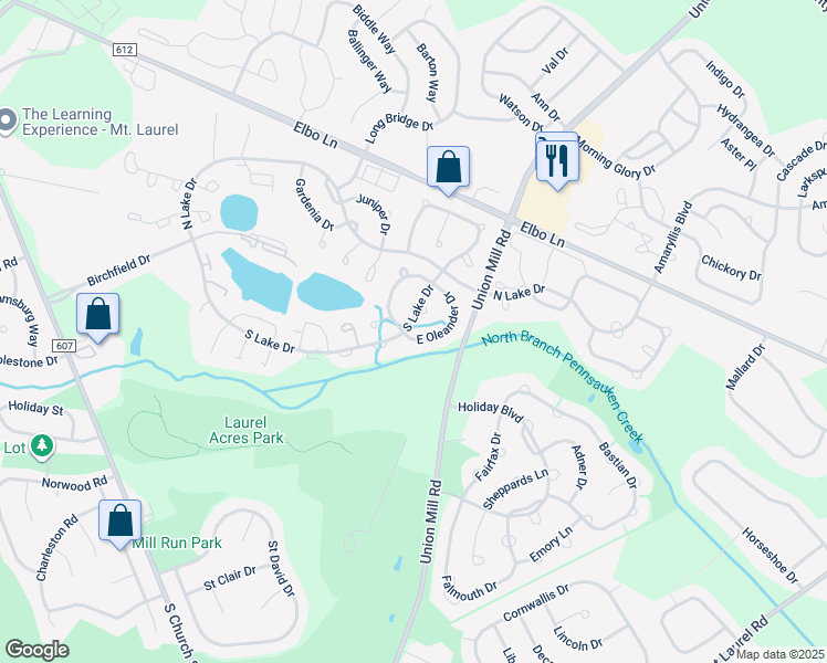map of restaurants, bars, coffee shops, grocery stores, and more near 40 East Oleander Drive in Mount Laurel Township