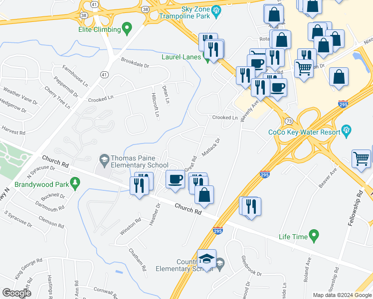 map of restaurants, bars, coffee shops, grocery stores, and more near 31 South Church Road in Maple Shade