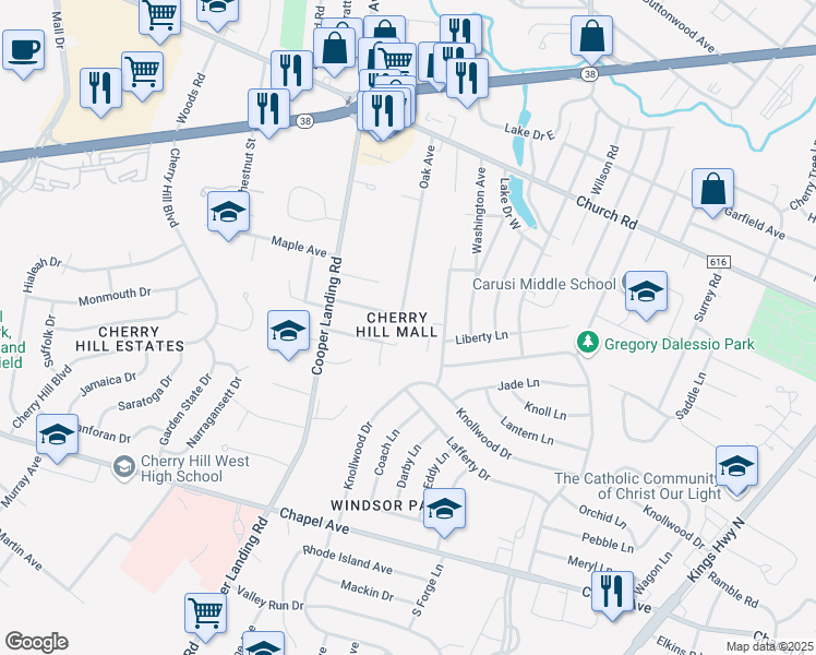 map of restaurants, bars, coffee shops, grocery stores, and more near 348 Oak Avenue in Cherry Hill