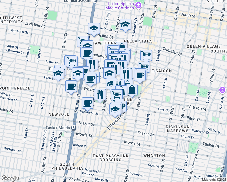 map of restaurants, bars, coffee shops, grocery stores, and more near 1118 Titan Street in Philadelphia