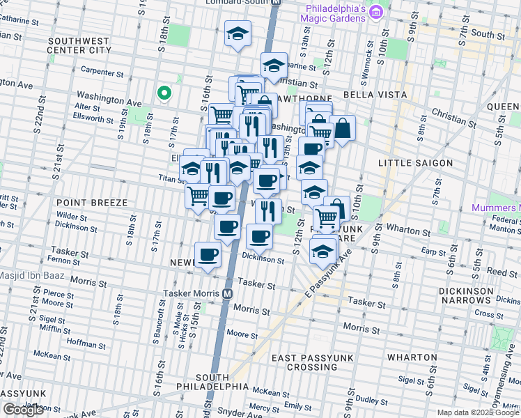 map of restaurants, bars, coffee shops, grocery stores, and more near 1234 South Juniper Street in Philadelphia