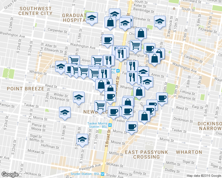 map of restaurants, bars, coffee shops, grocery stores, and more near in Philadelphia