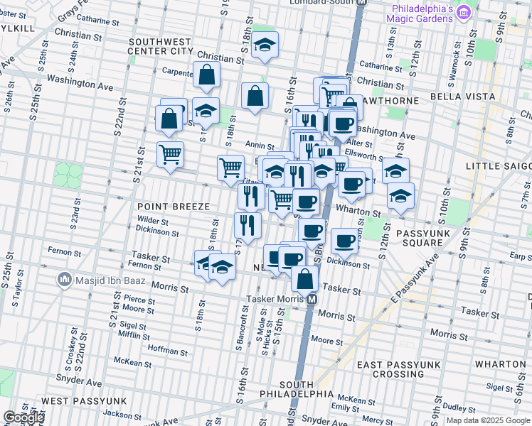 map of restaurants, bars, coffee shops, grocery stores, and more near 1332 South 16th Street in Philadelphia