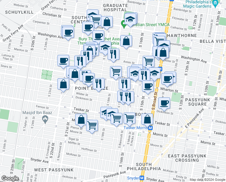map of restaurants, bars, coffee shops, grocery stores, and more near 1317 South 18th Street in Philadelphia